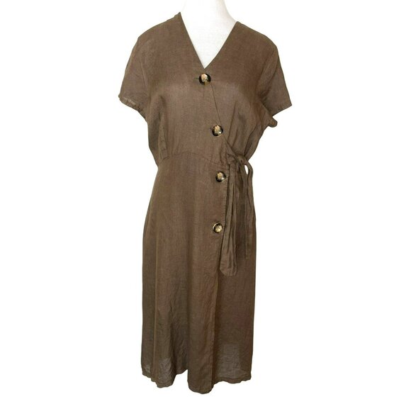 Alessia Pacini Olive Green Linen Midi Wrap Dress W/ Button Detail Size S - Picture 1 of 6